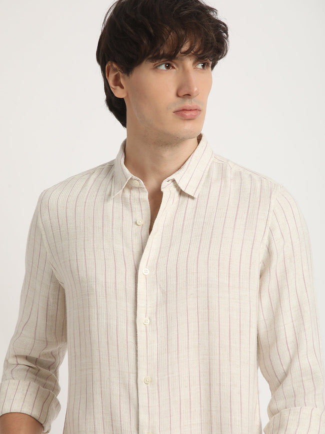 Men  Beige Stripe Slim Fit Cotton Casual Shirt