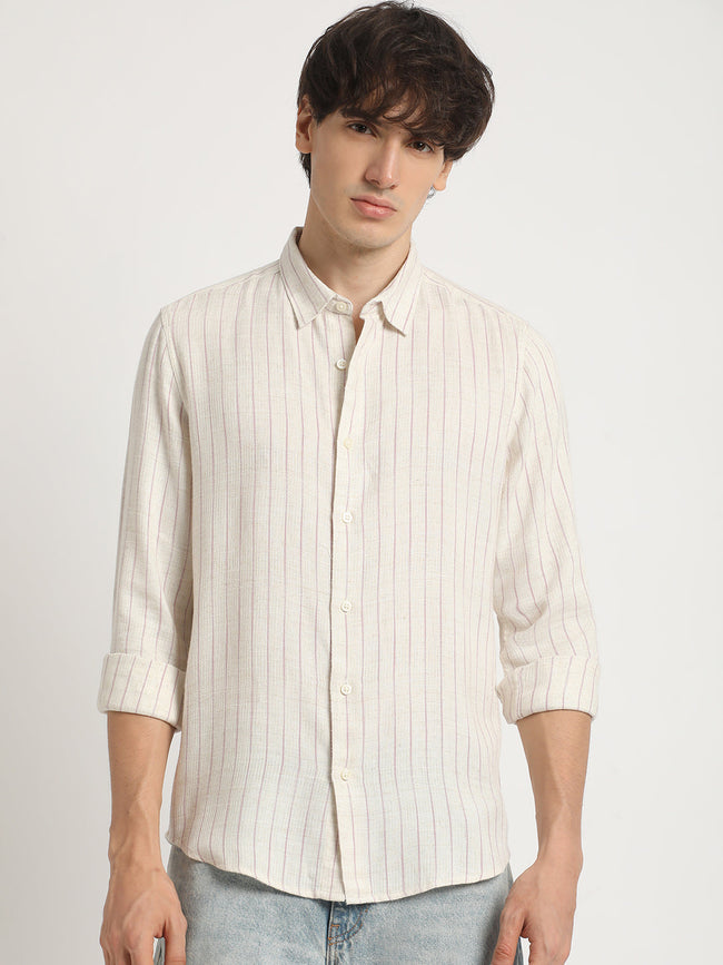 Men  Beige Stripe Slim Fit Cotton Casual Shirt