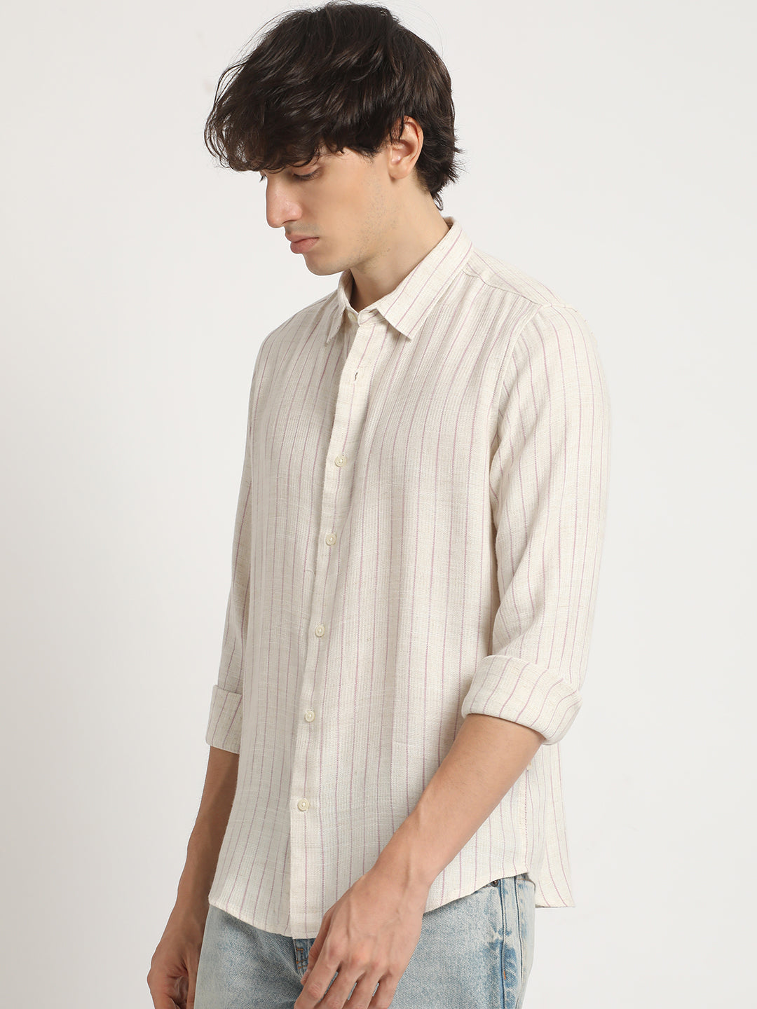 Men  Beige Stripe Slim Fit Cotton Casual Shirt