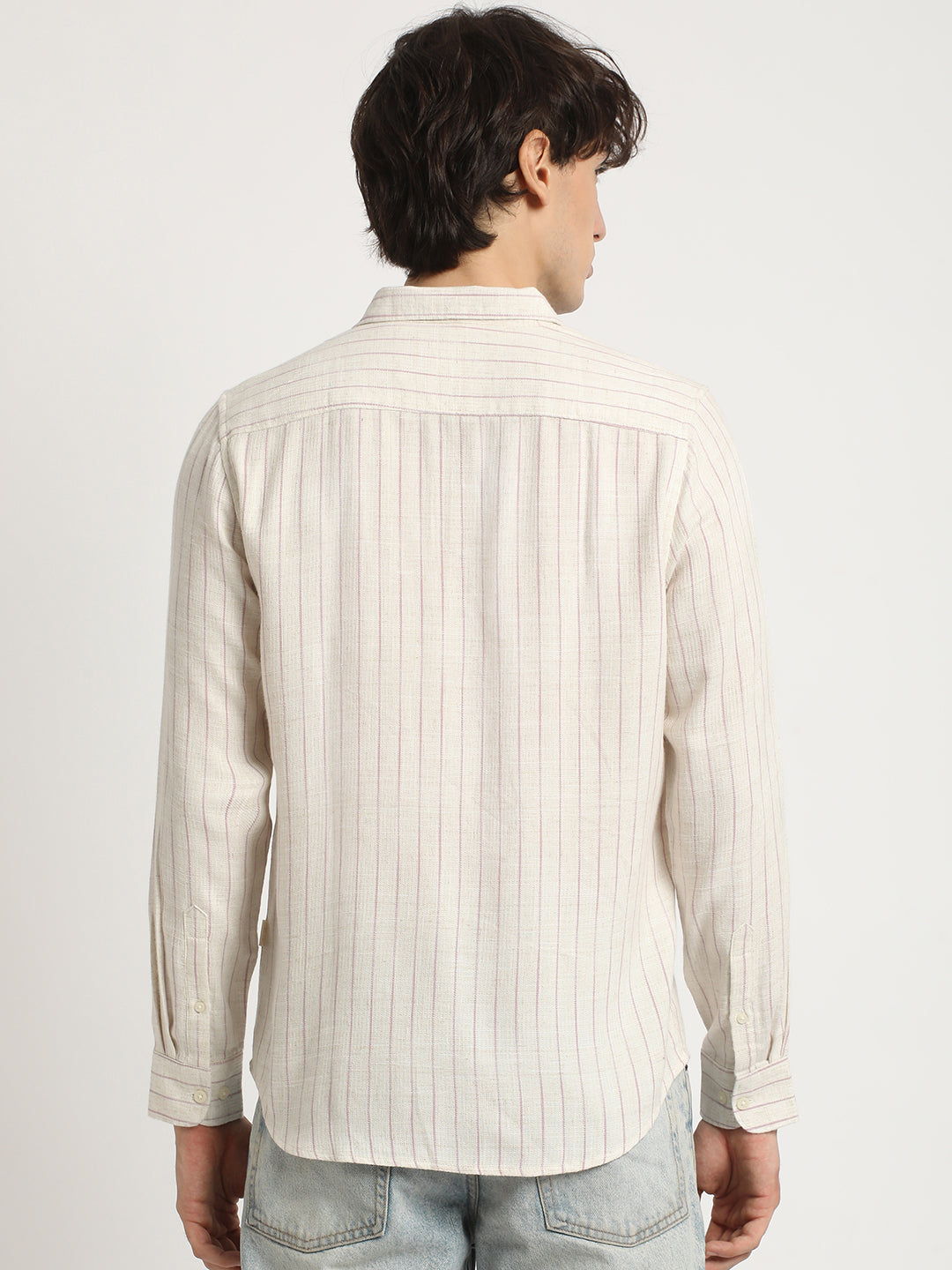 Men  Beige Stripe Slim Fit Cotton Casual Shirt