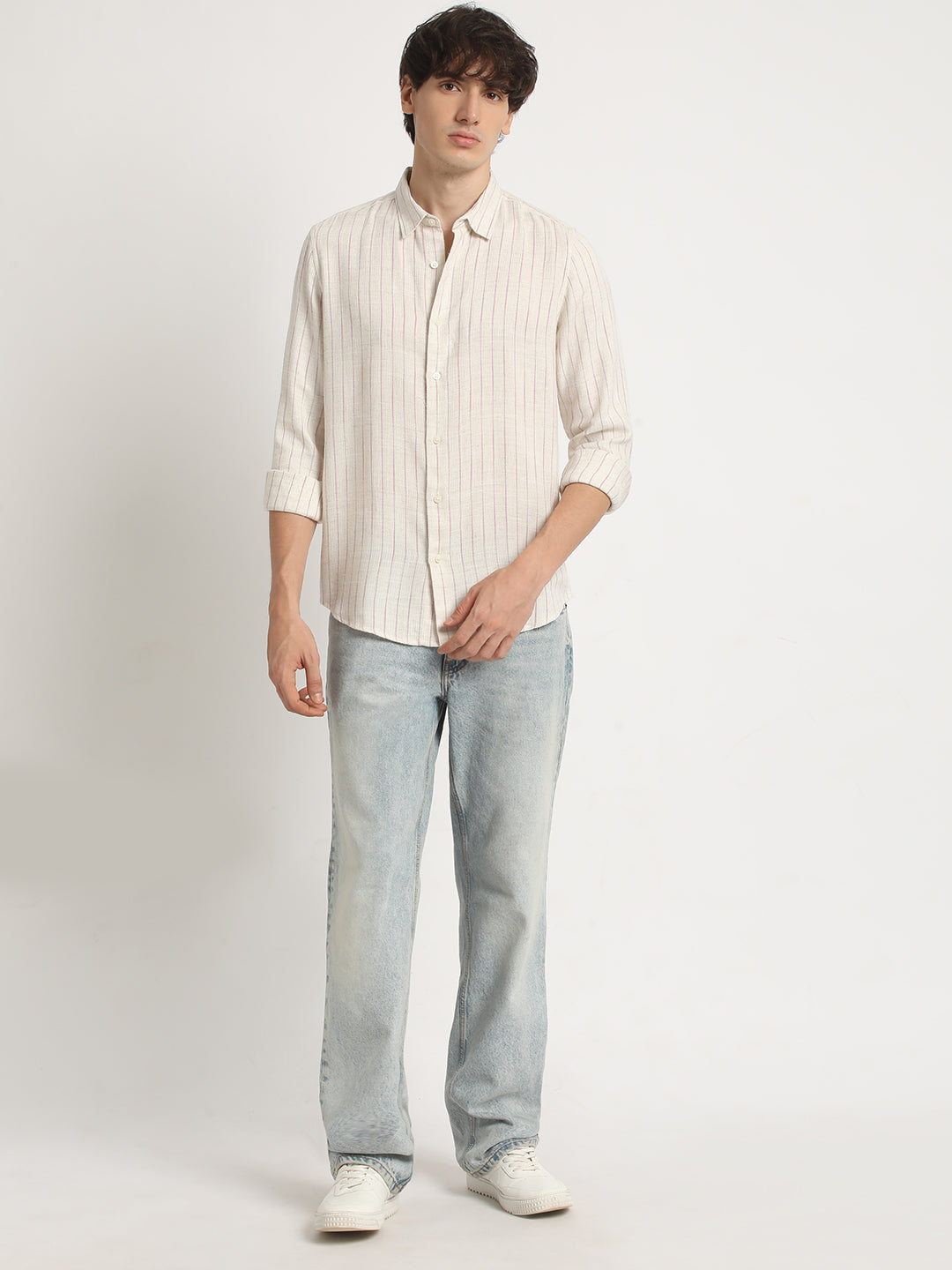 Men  Beige Stripe Slim Fit Cotton Casual Shirt