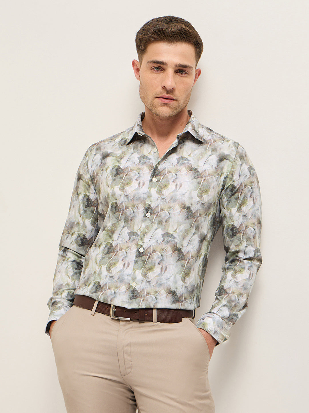 Men Shirt Multi-Color Abstract Botanical Print Tailored Fit Formal Shirt