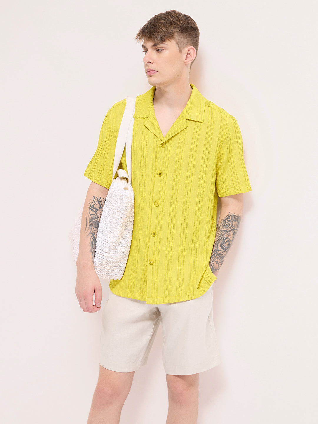 Men Green Lime Self Design Regular Fit Casual Shirt