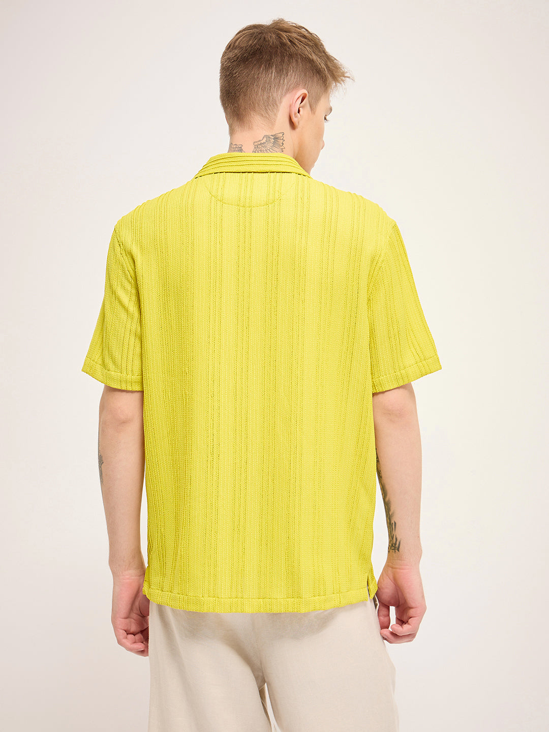Men Green Lime Self Design Regular Fit Casual Shirt