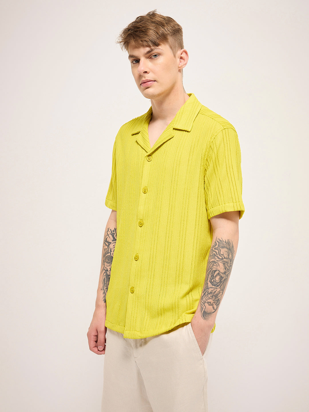 Men Green Lime Self Design Regular Fit Casual Shirt