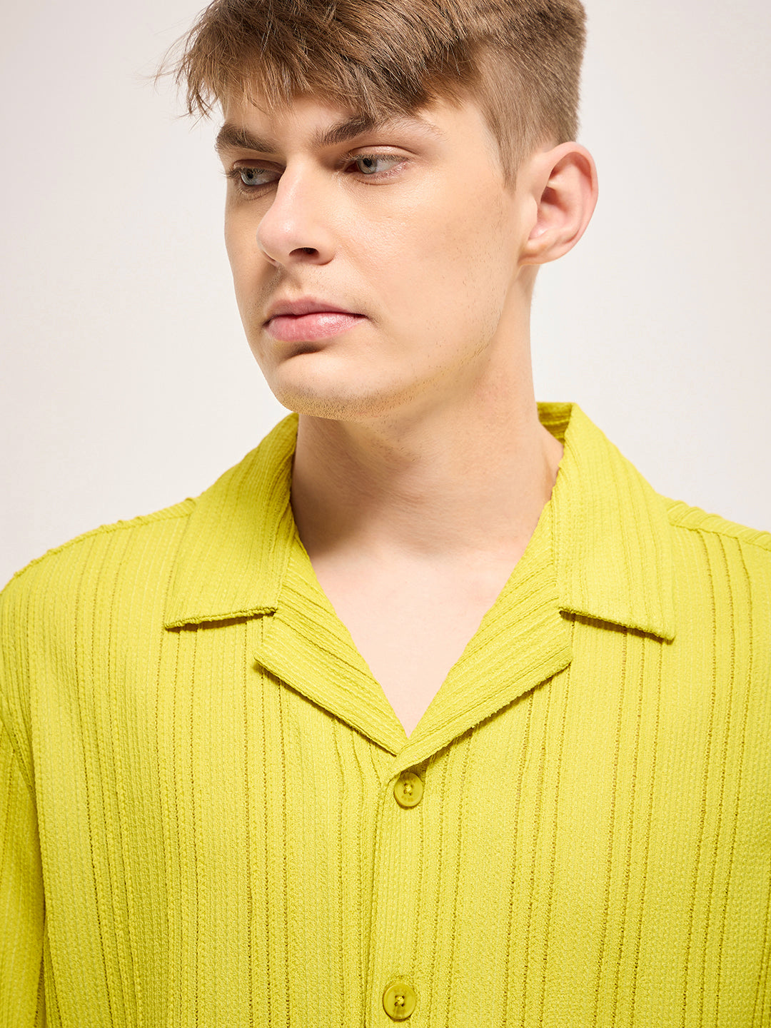 Men Green Lime Self Design Regular Fit Casual Shirt