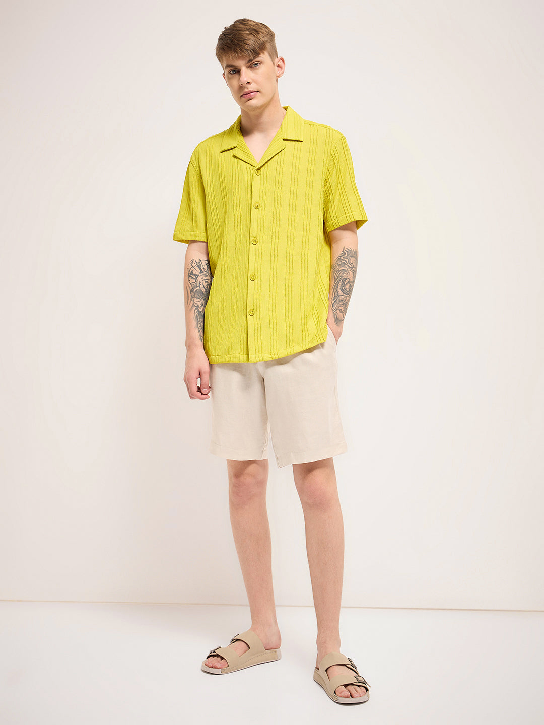 Men Green Lime Self Design Regular Fit Casual Shirt