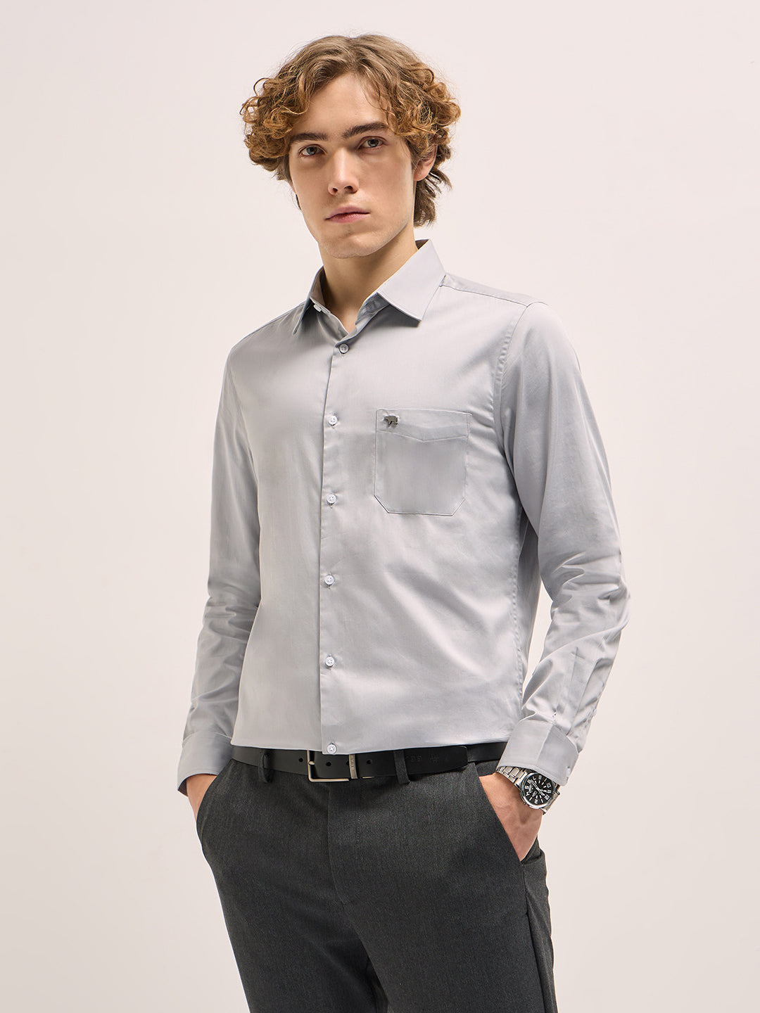Men Shirt Grey Tailored Fit Solid Formal Shirt