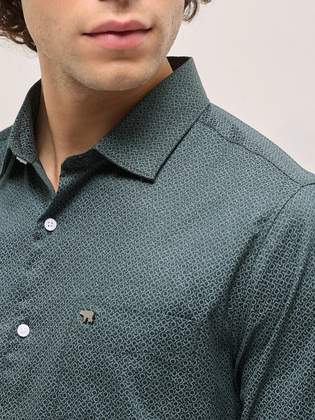 Men Light Teal Blue Geometric Printed Tailored Fit Formal Shirt