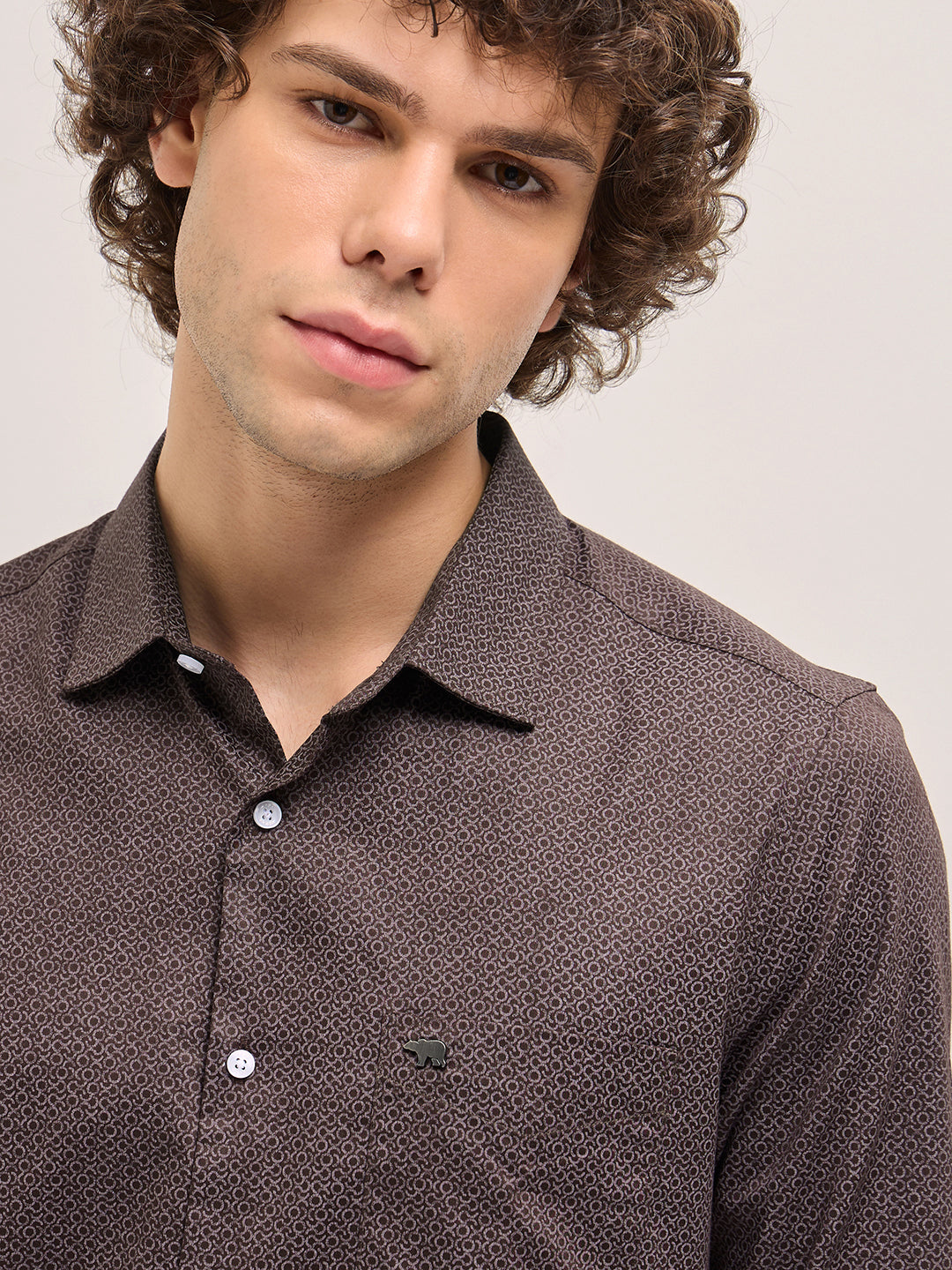 Men Brown Geometric Printed Tailored Fit Formal Shirt