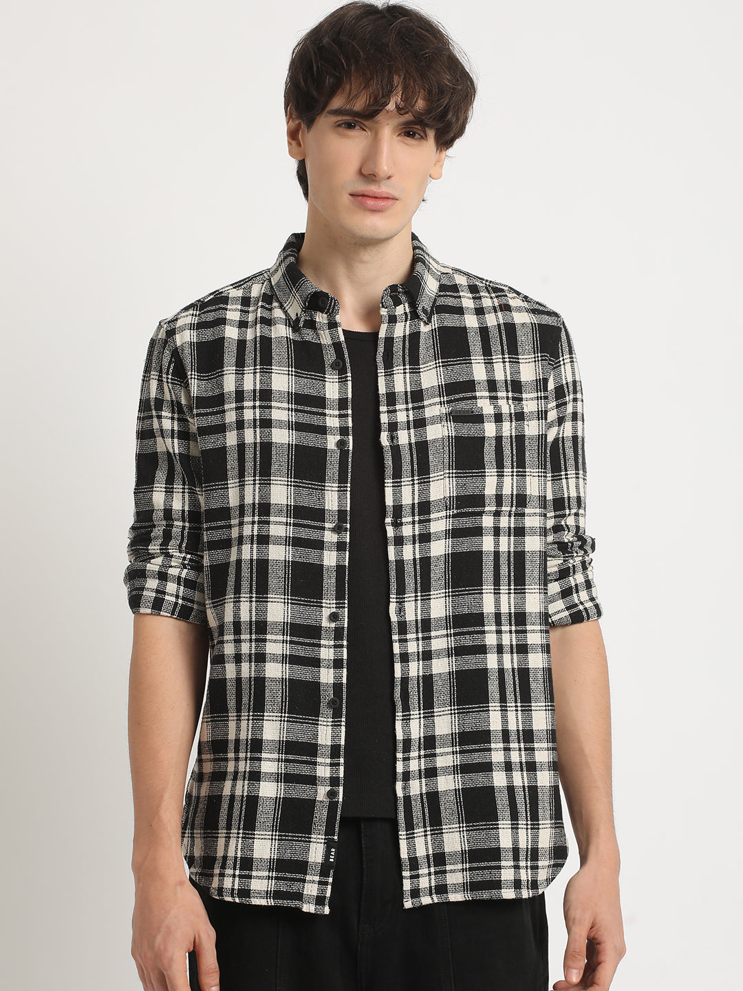 Men  Black Checked Slim Fit Cotton Casual Shirt