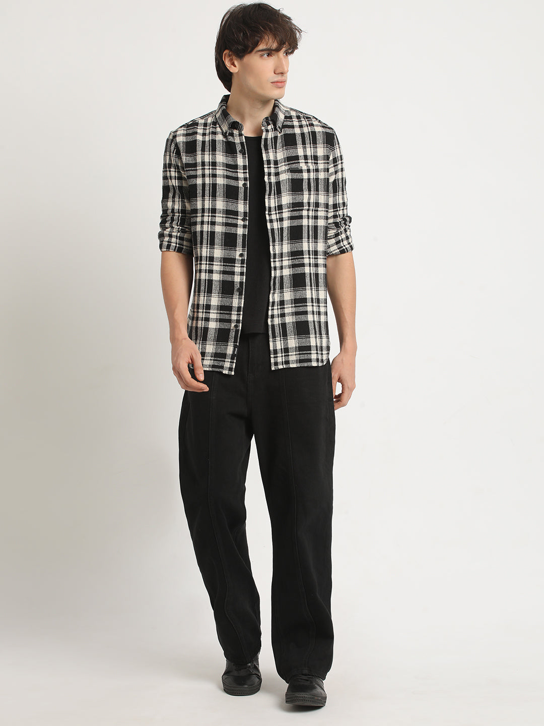Men  Black Checked Slim Fit Cotton Casual Shirt