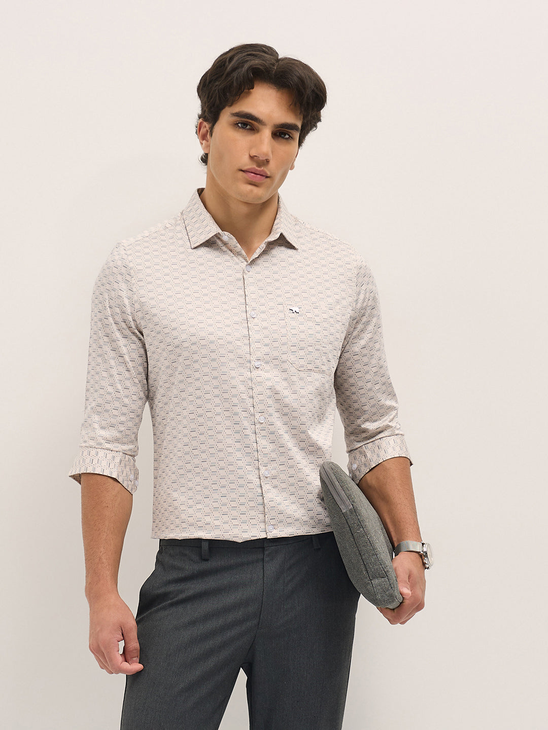 Men Cream Geometric Printed Tailored Fit Formal Shirt