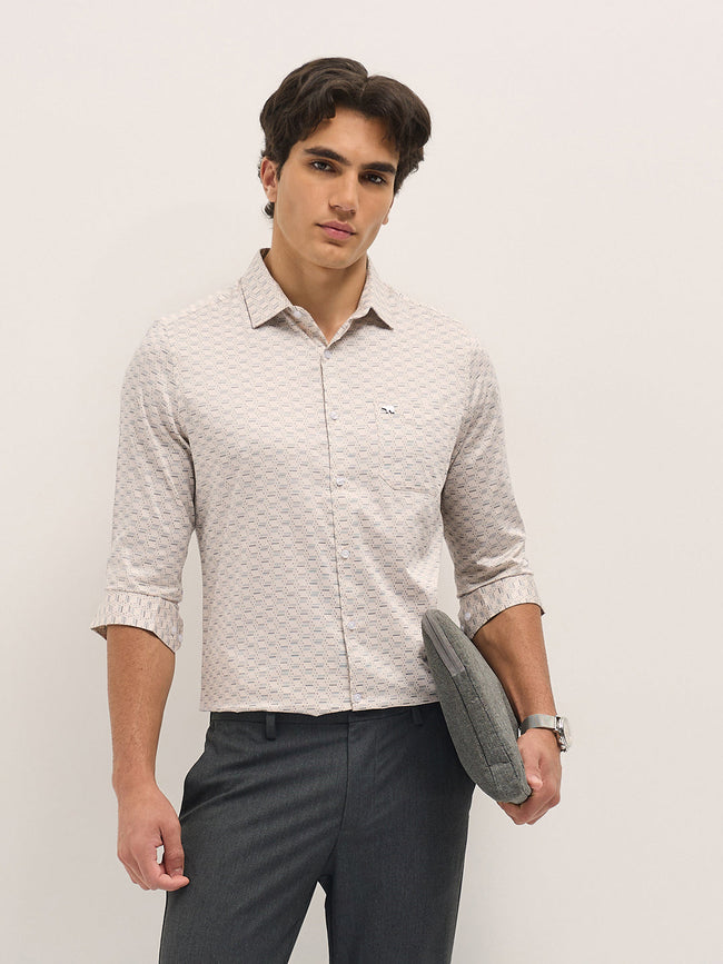 Men Cream Geometric Printed Tailored Fit Formal Shirt