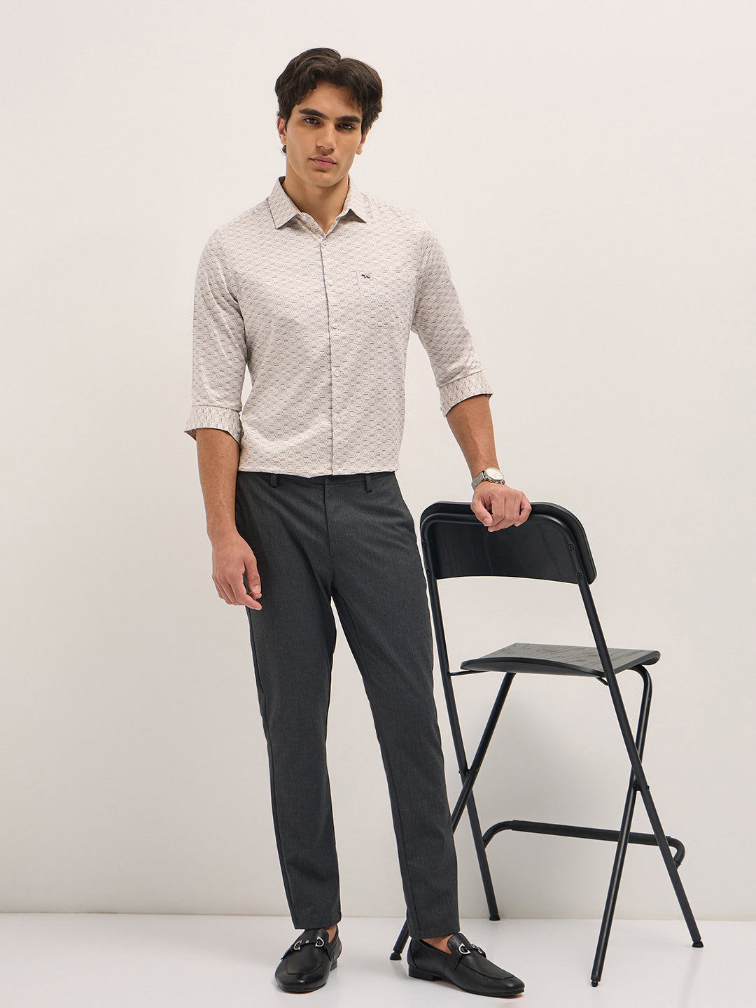 Men Cream Geometric Printed Tailored Fit Formal Shirt