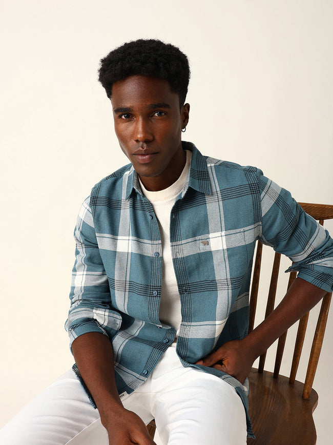 Men Blue Cotton Checked Shirt