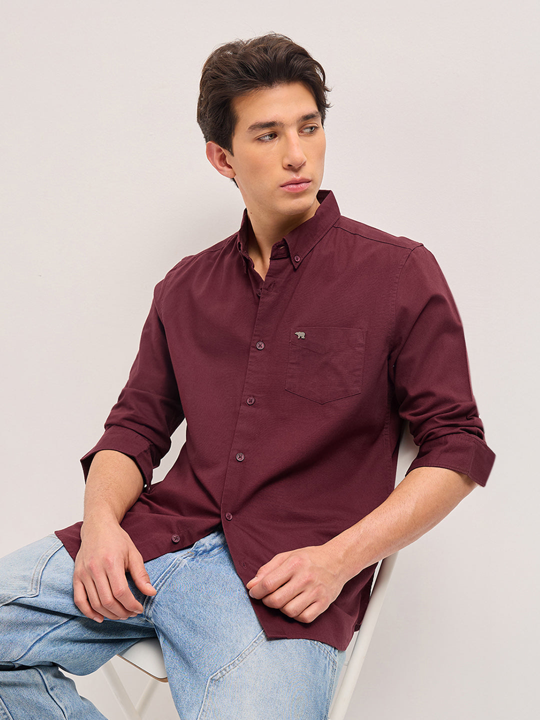 Men Maroon Solid Slim Fit Casual Shirt