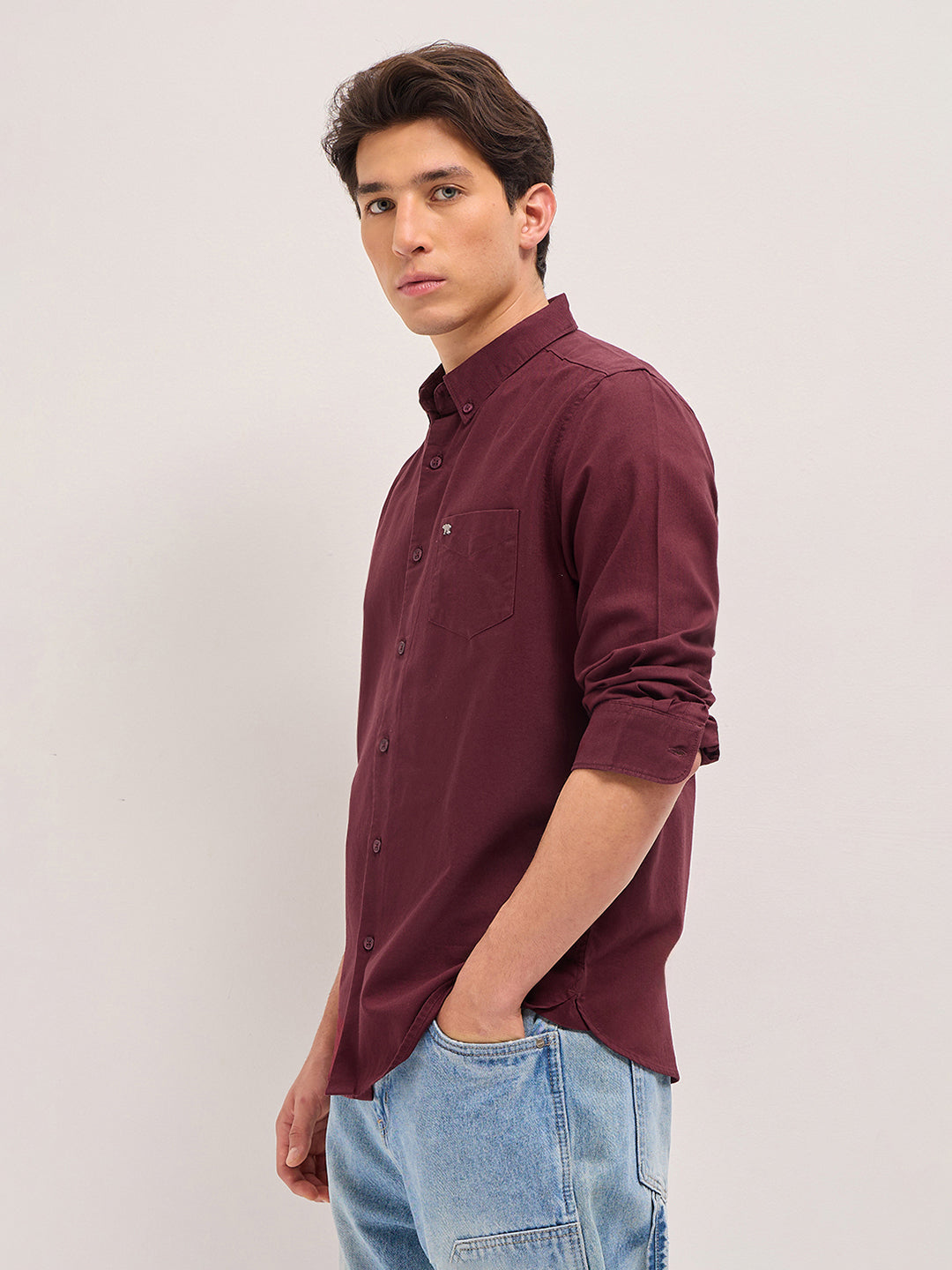 Men Maroon Solid Slim Fit Casual Shirt