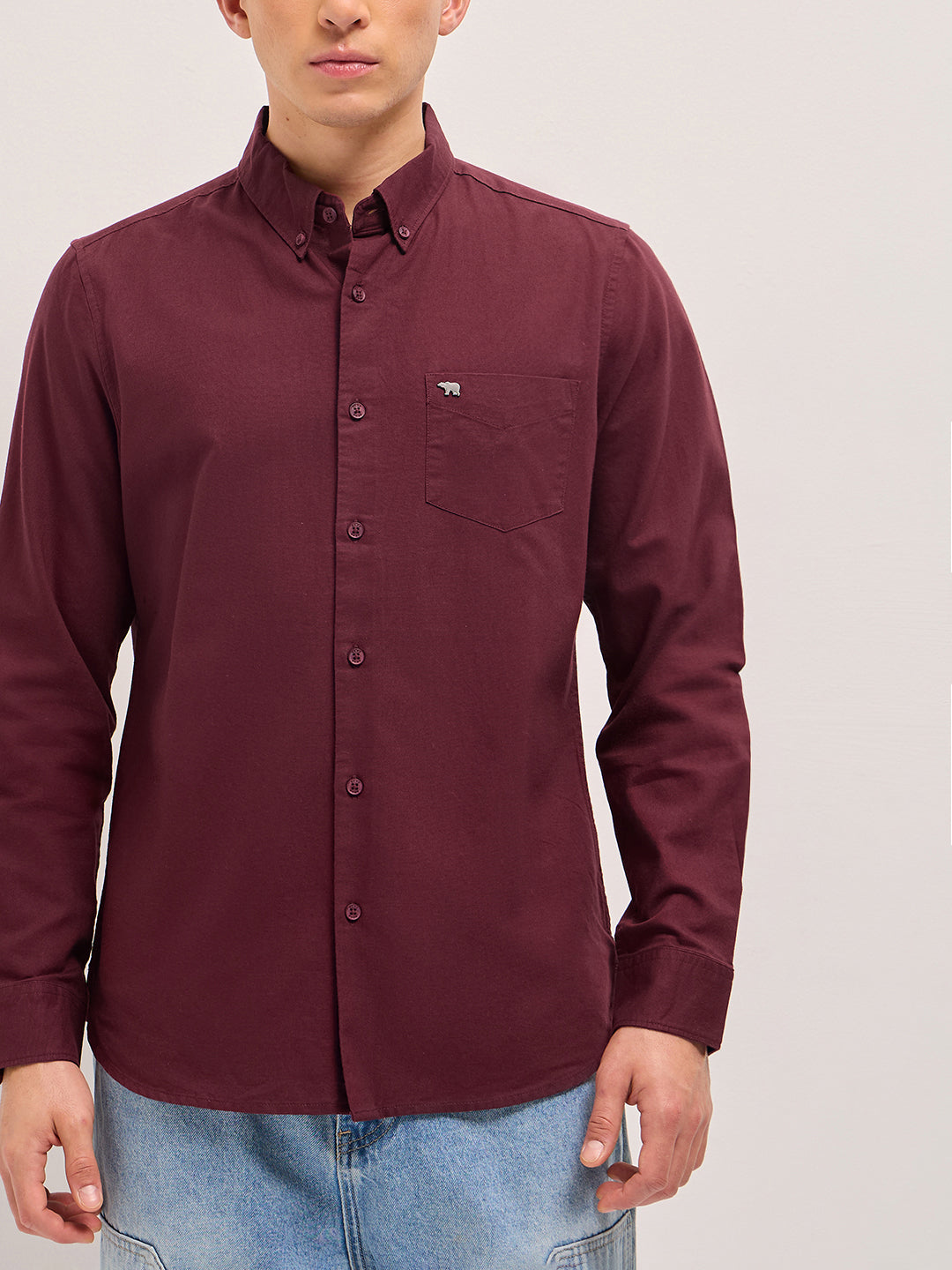 Men Maroon Solid Slim Fit Casual Shirt