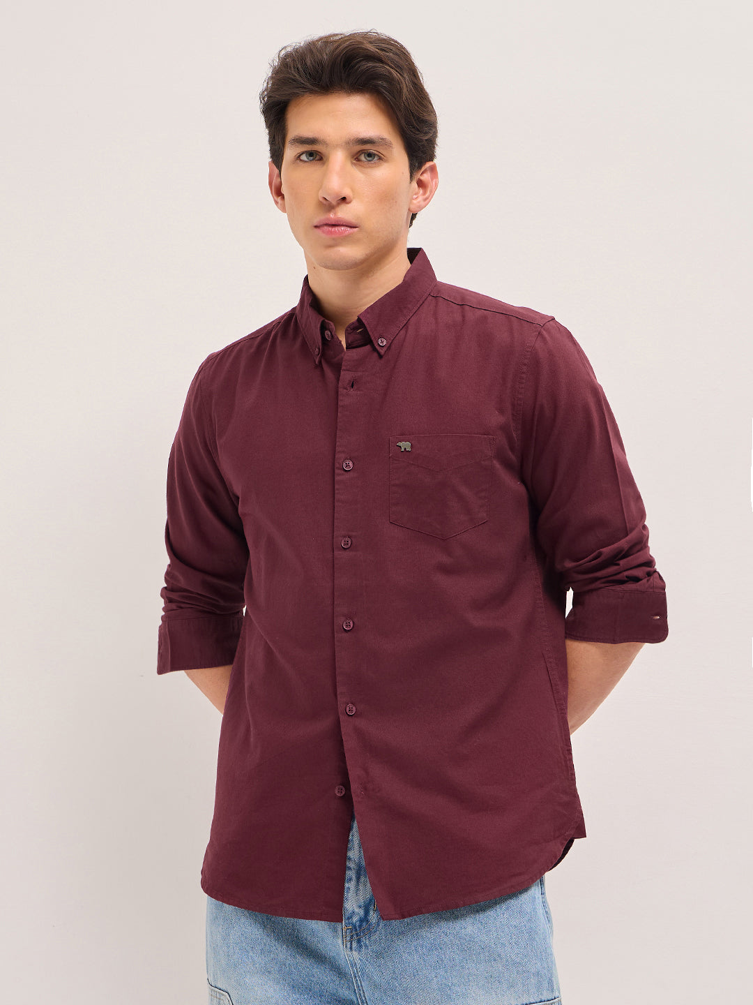 Men Maroon Solid Slim Fit Casual Shirt