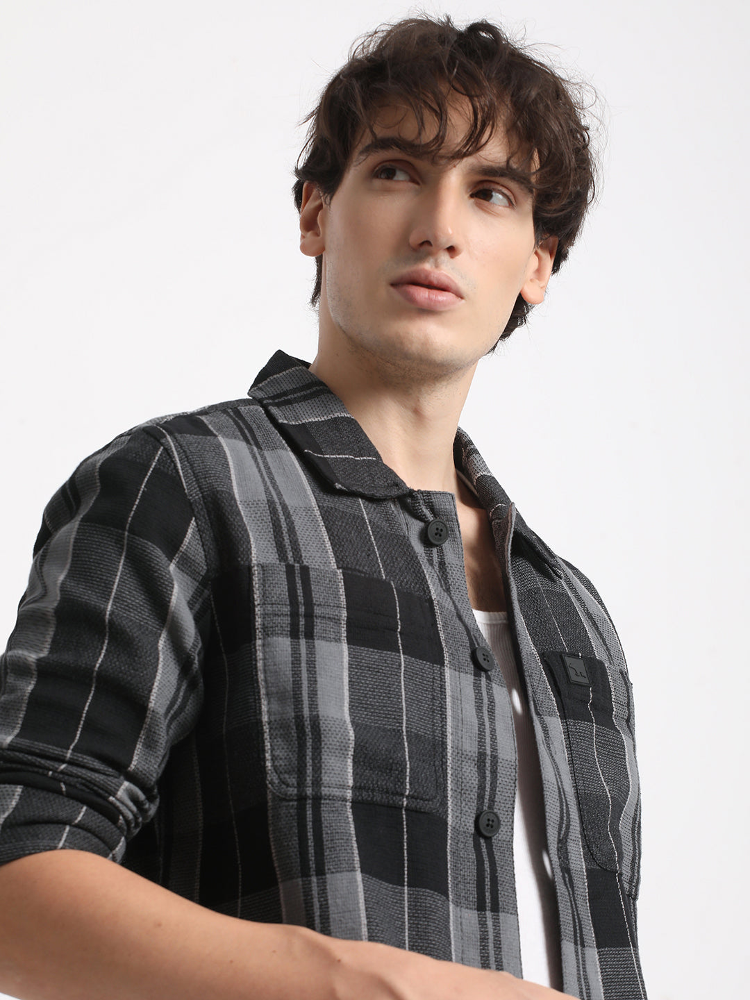 Men Grey Checked Regular Fit Cotton Shacket
