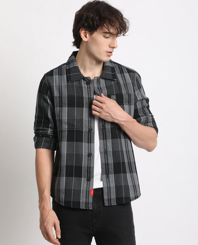 Men Grey Checked Regular Fit Cotton Shacket