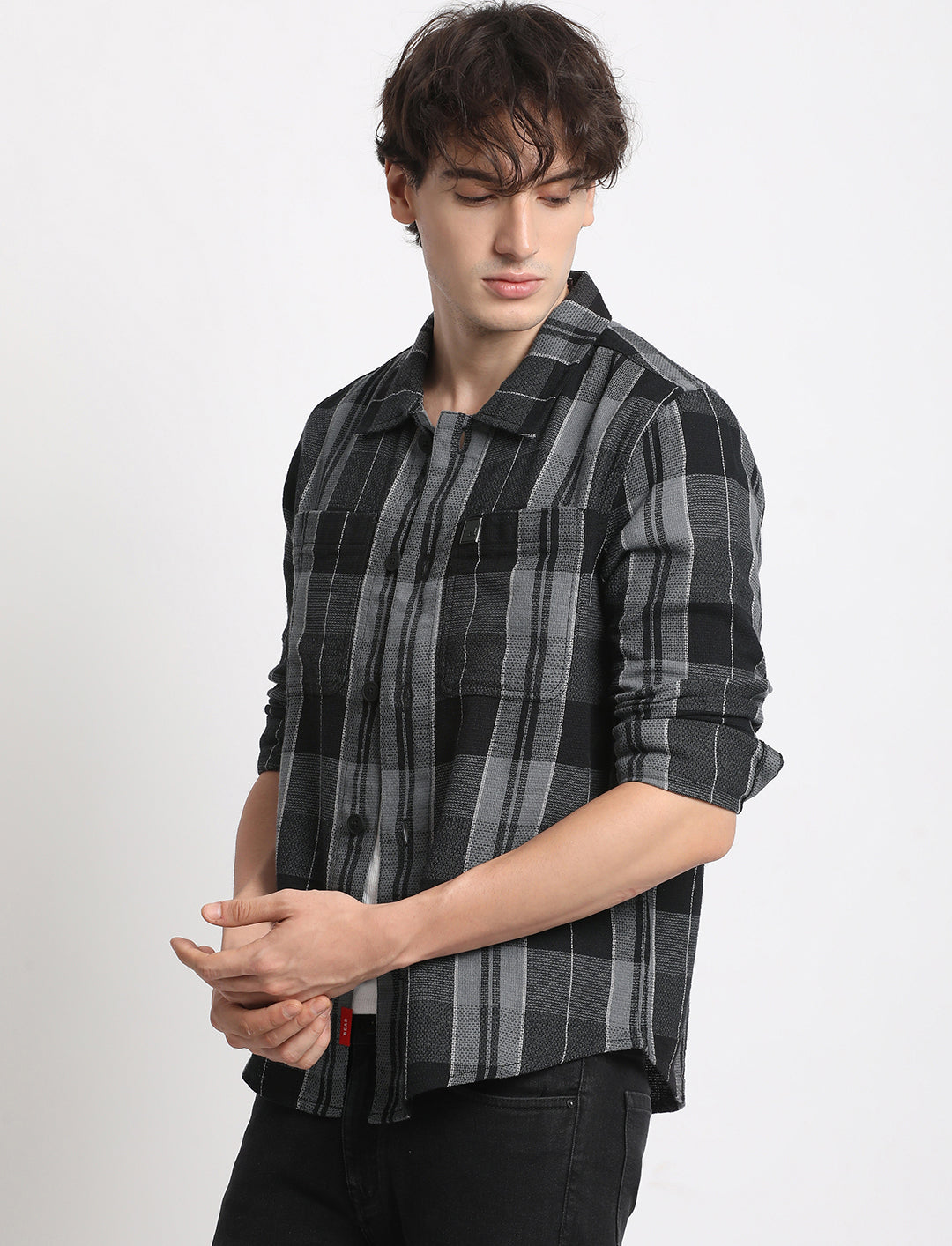Men Grey Checked Regular Fit Cotton Shacket
