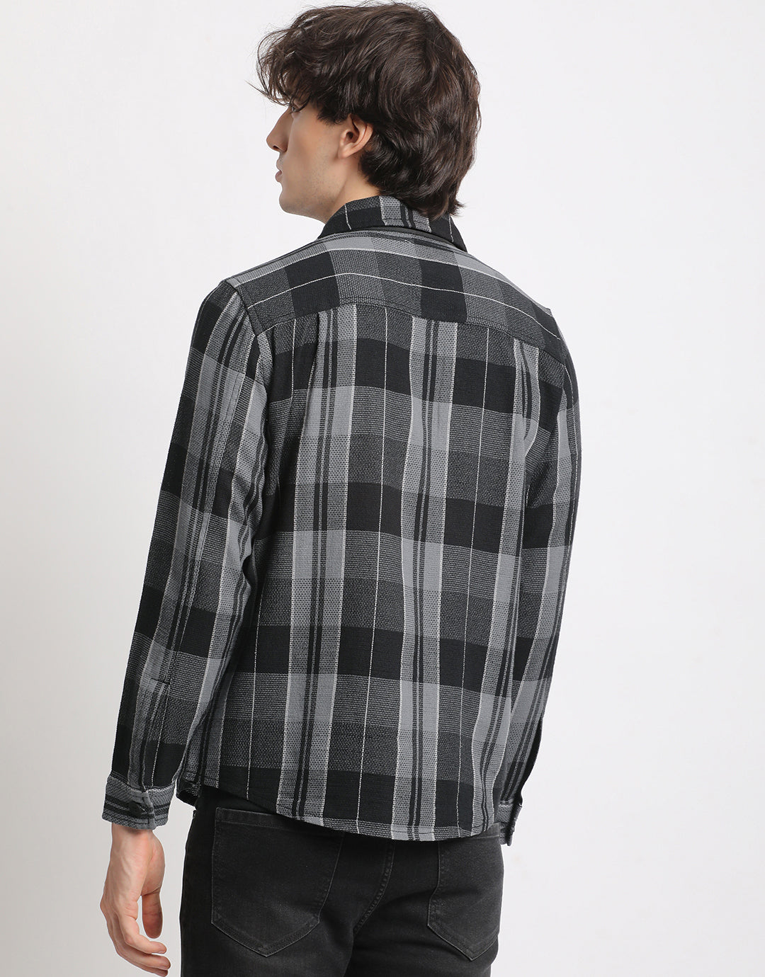 Men Grey Checked Regular Fit Cotton Shacket