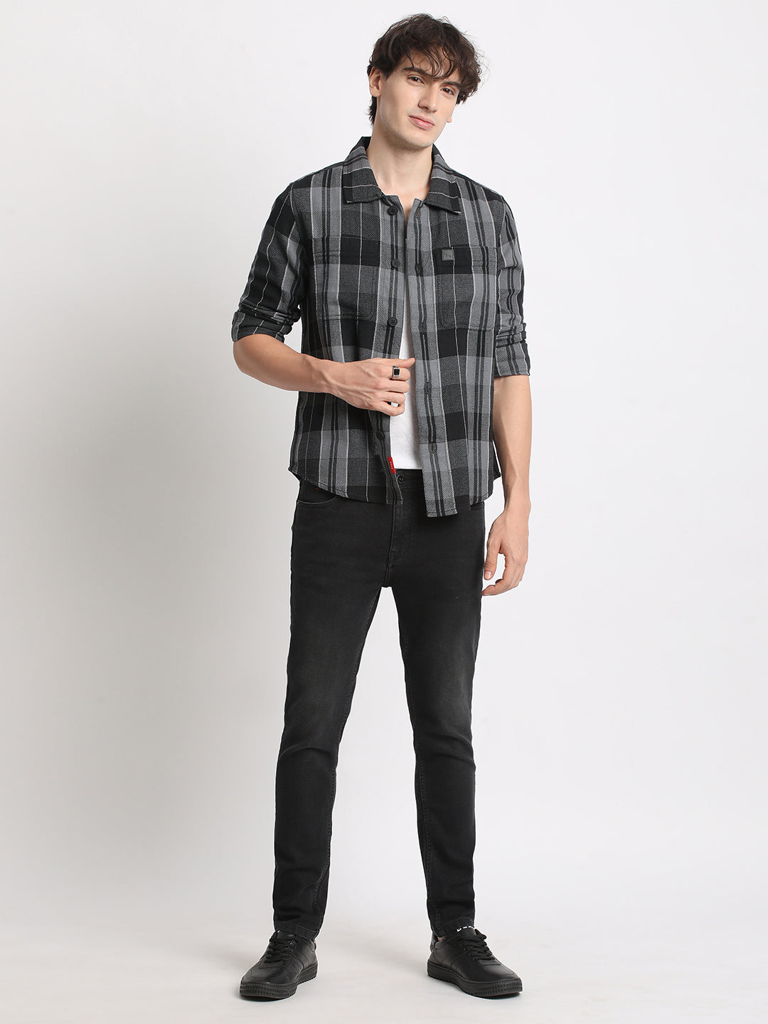 Men Grey Checked Regular Fit Cotton Shacket