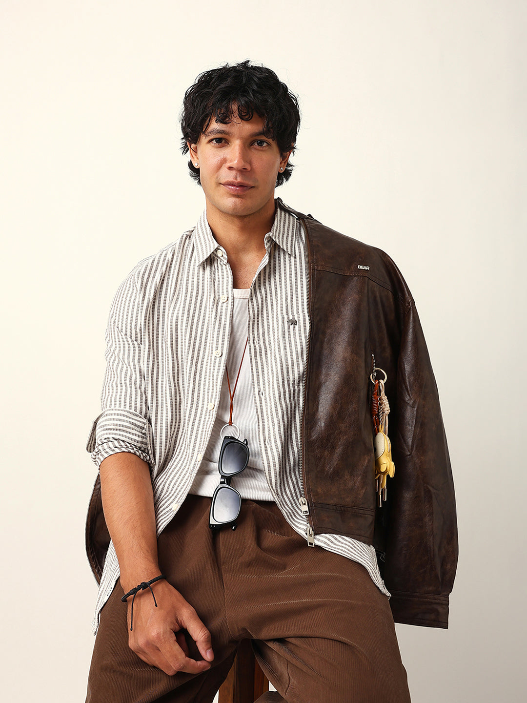 Men Grey Viscose Rayon Striped Shirt