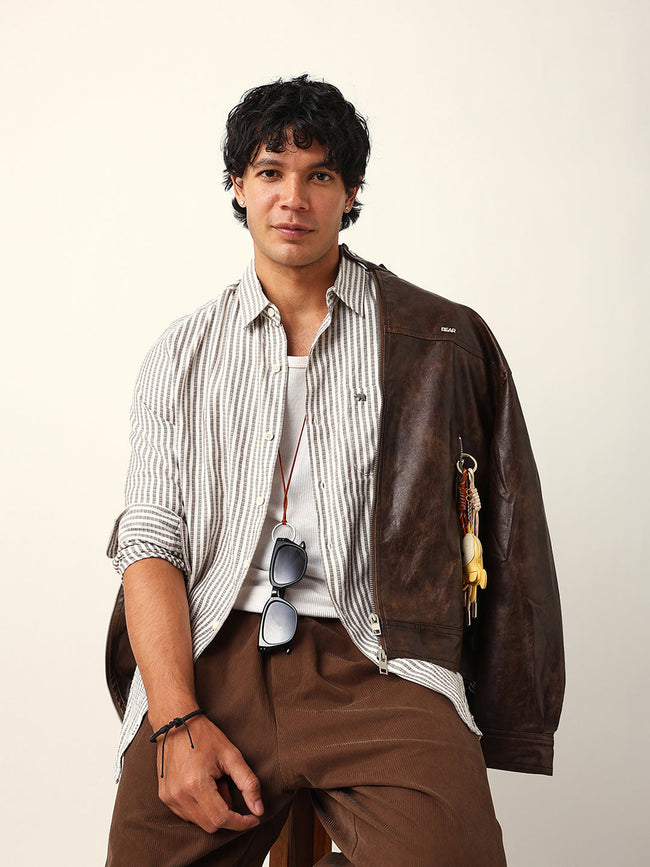 Men Grey Viscose Rayon Striped Shirt