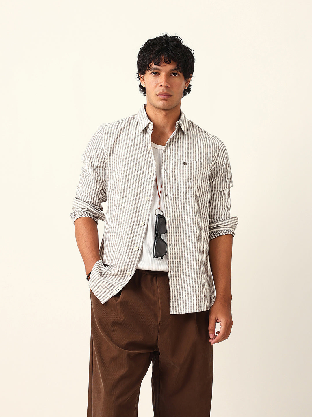 Men Grey Viscose Rayon Striped Shirt