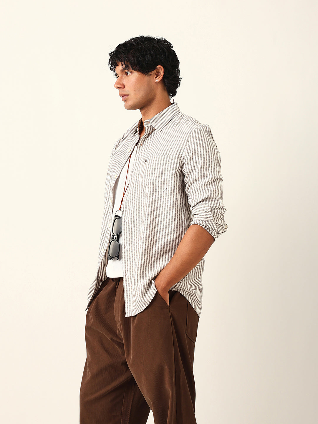 Men Grey Viscose Rayon Striped Shirt