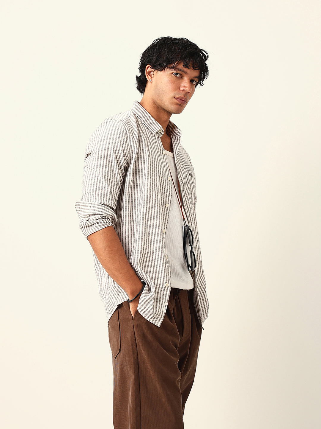 Men Grey Viscose Rayon Striped Shirt