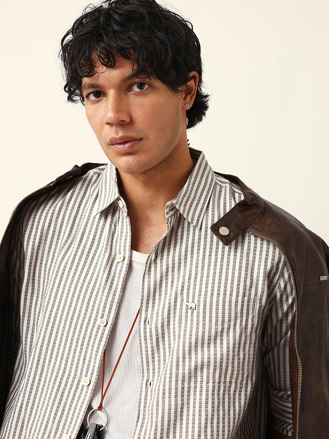 Men Grey Viscose Rayon Striped Shirt