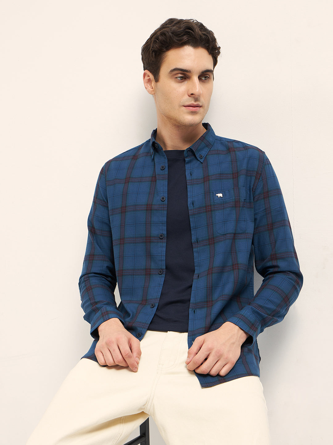 Men Blue Checked Slim Fit Cotton Casual Shirt