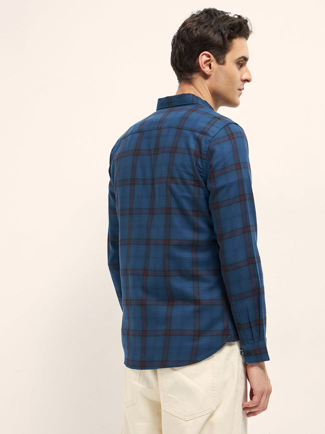 Men Blue Checked Slim Fit Cotton Casual Shirt