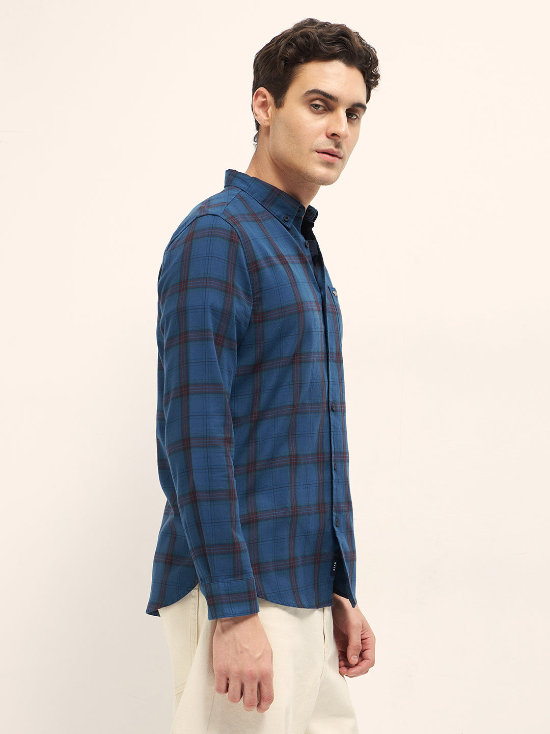 Men Blue Checked Slim Fit Cotton Casual Shirt