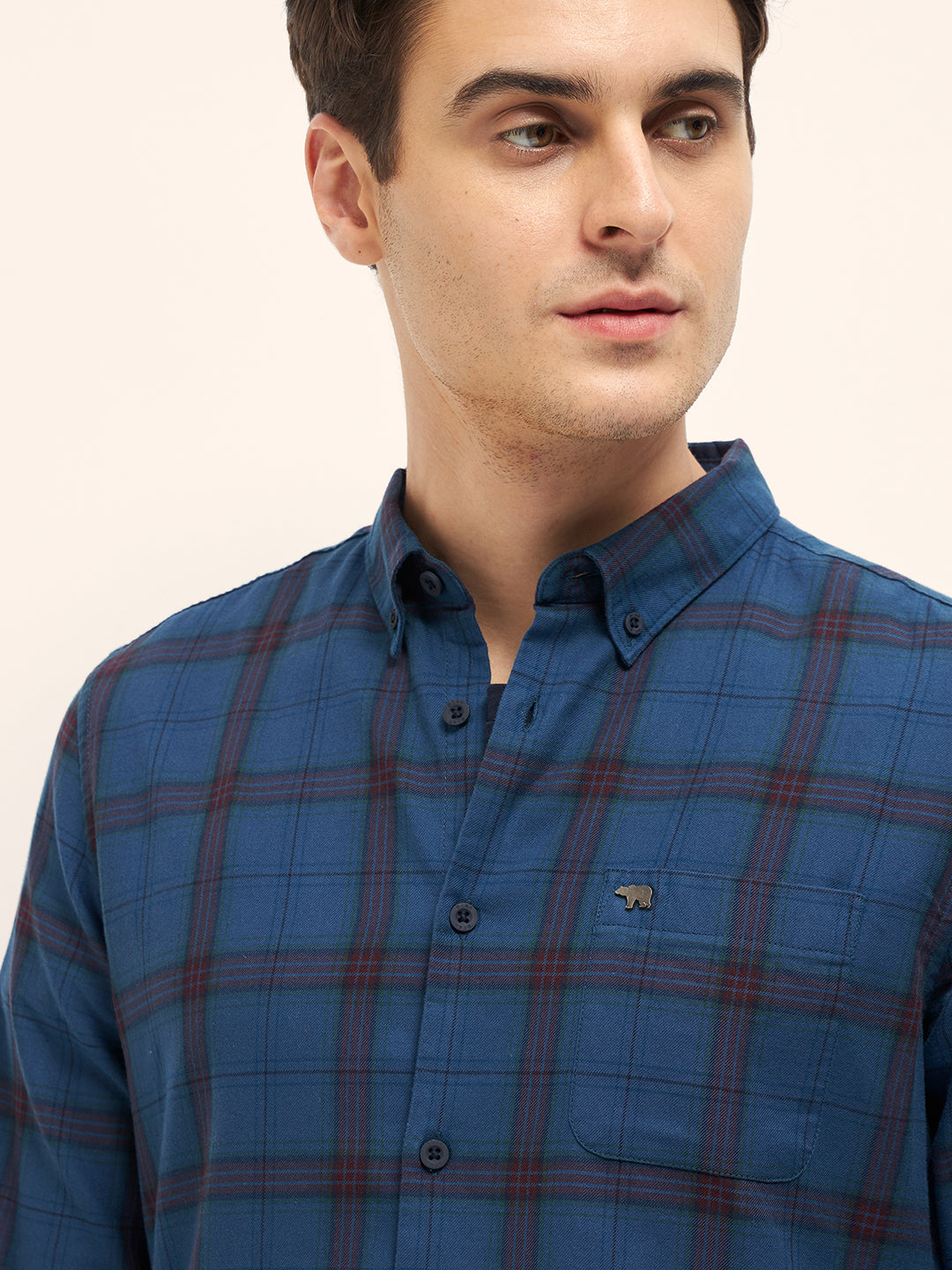 Men Blue Checked Slim Fit Cotton Casual Shirt