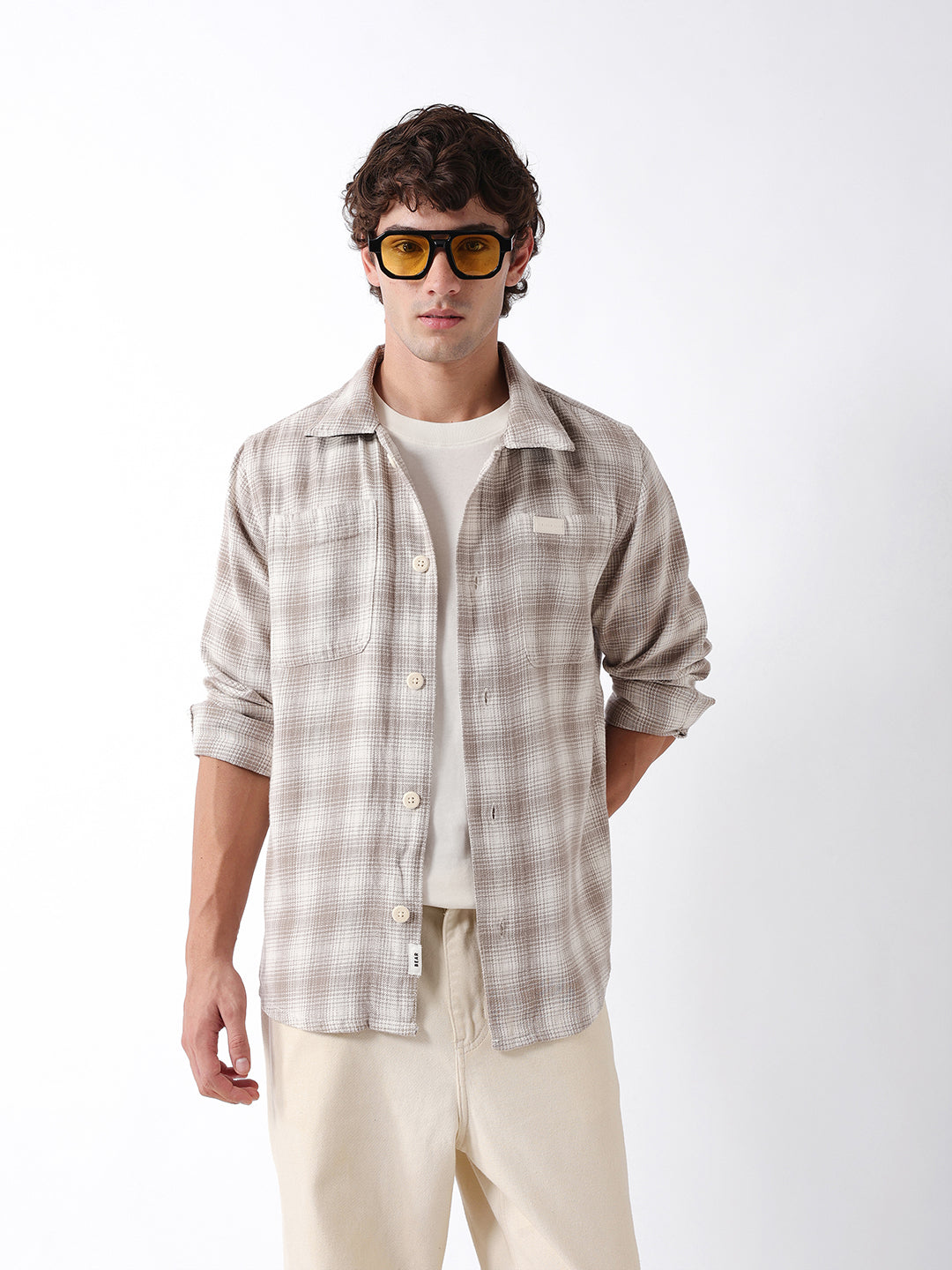 Men Beige Checked Overshirt
