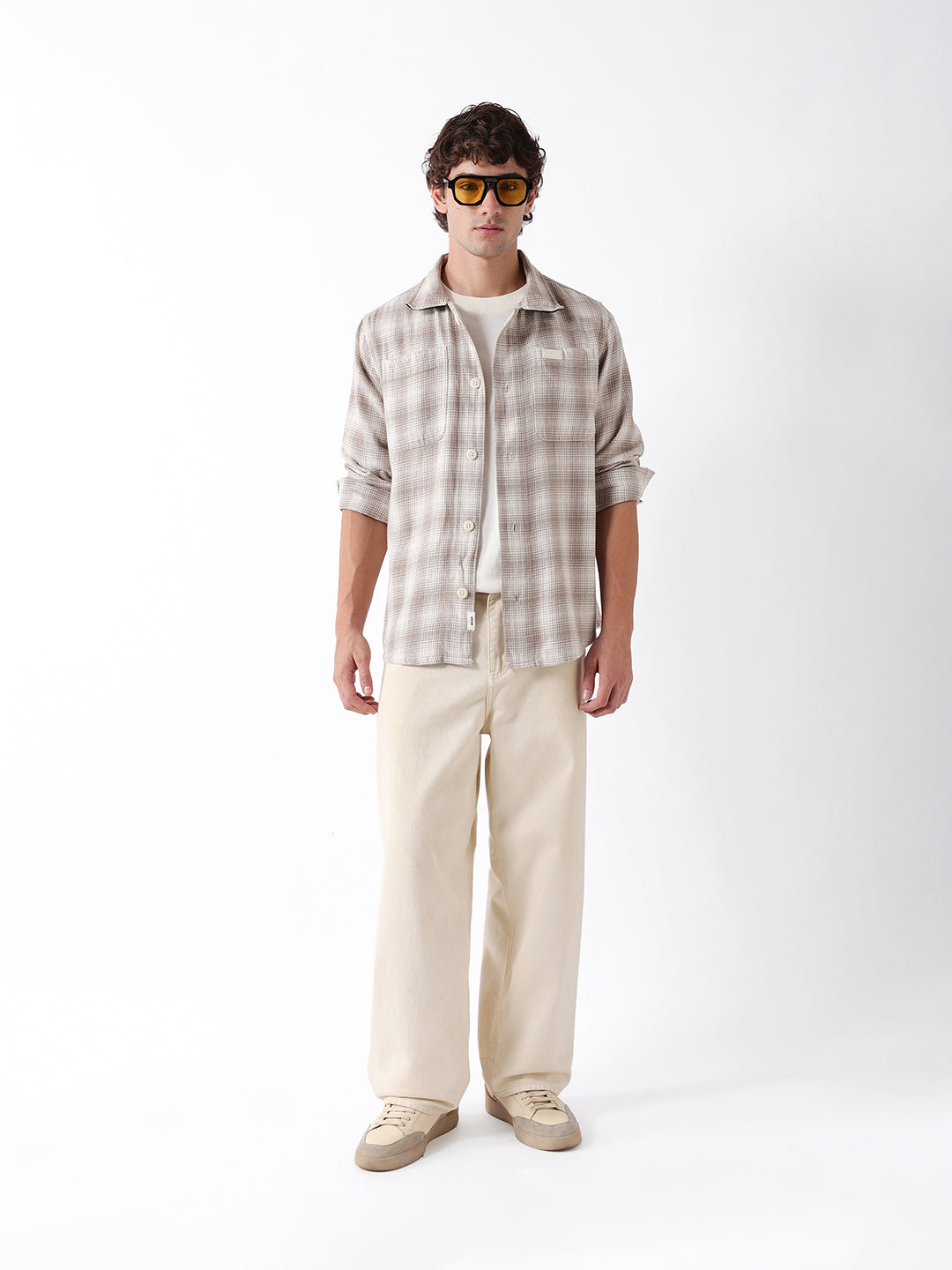 Men Beige Checked Overshirt