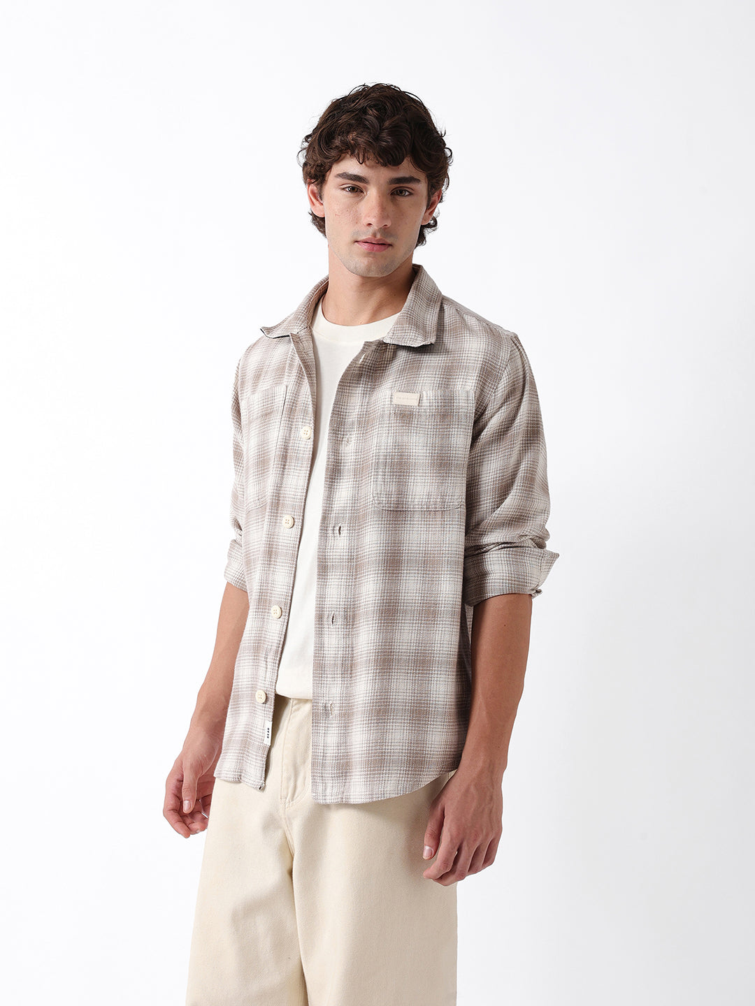 Men Beige Checked Overshirt