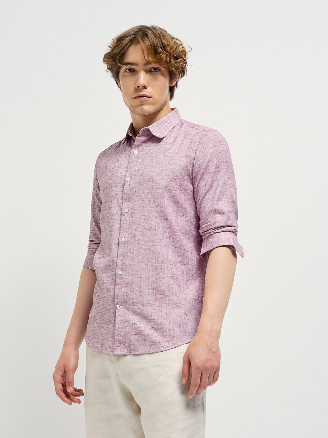 Men Maroon Self Design Slim Fit Casual Shirt