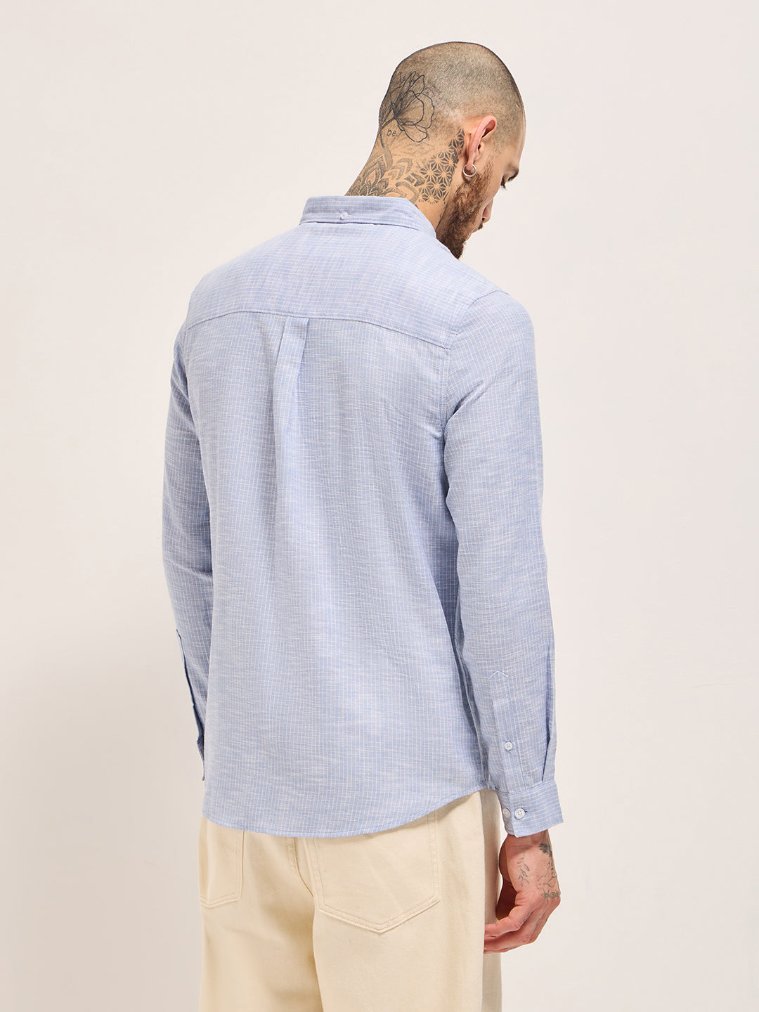 Men Blue Vertical Pin Stripes Slim Fit Casual Shirt