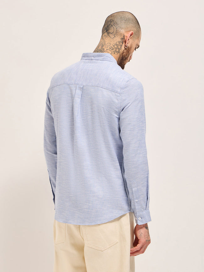Men Blue Vertical Pin Stripes Slim Fit Casual Shirt
