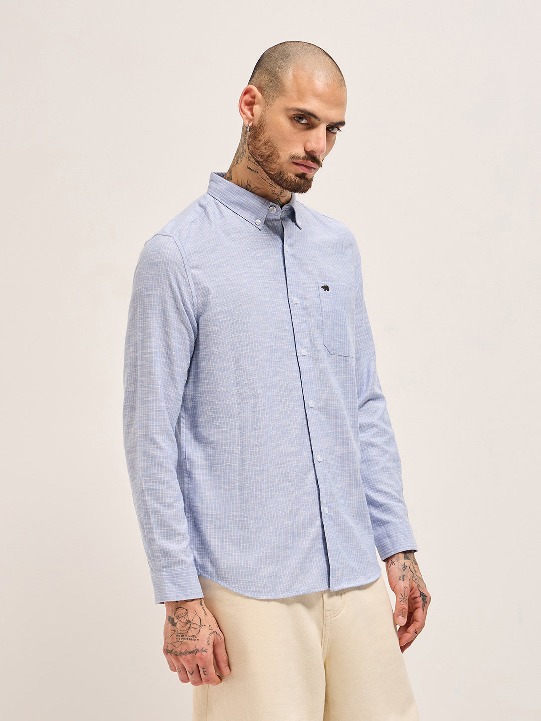 Men Blue Vertical Pin Stripes Slim Fit Casual Shirt