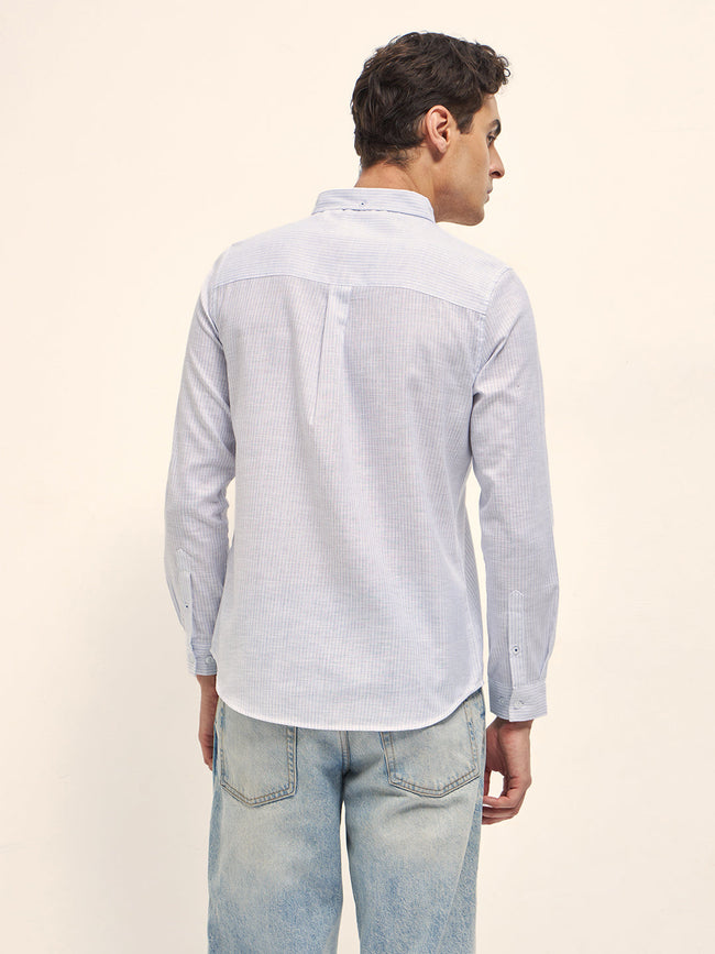 Men White Vertical Pin Stripes Slim Fit Casual Shirt
