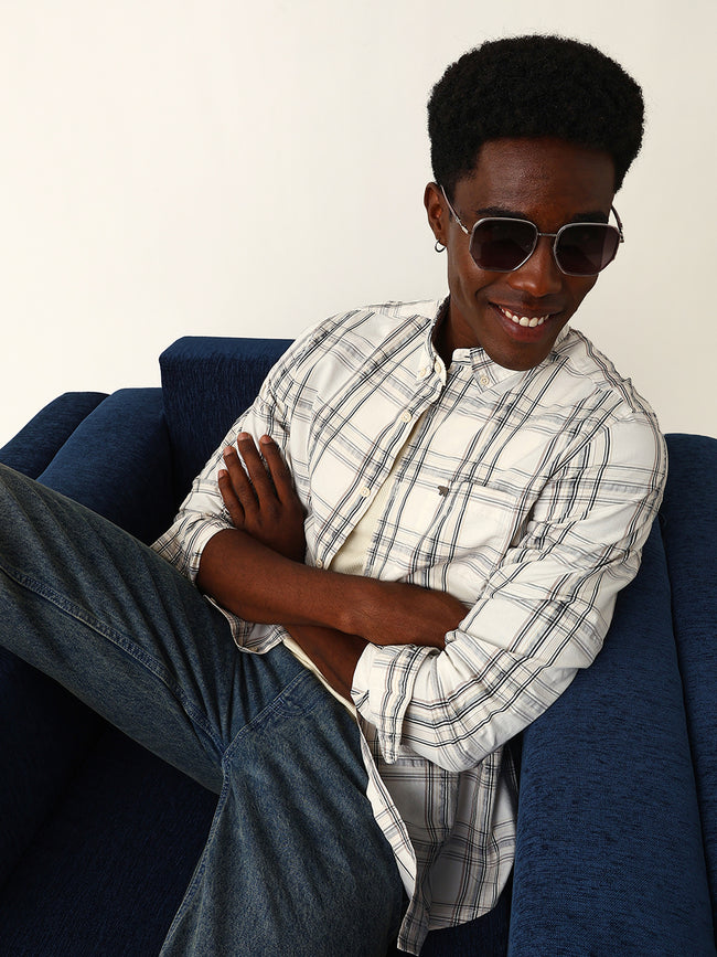 Men Cream Checked Shirt