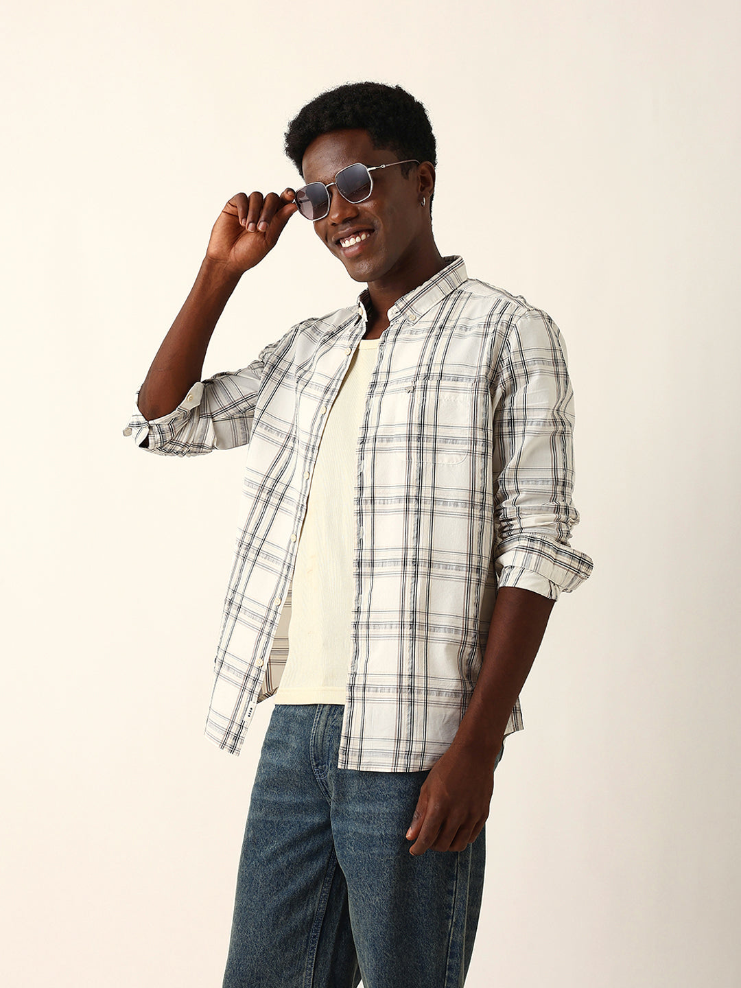 Men Cream Checked Shirt