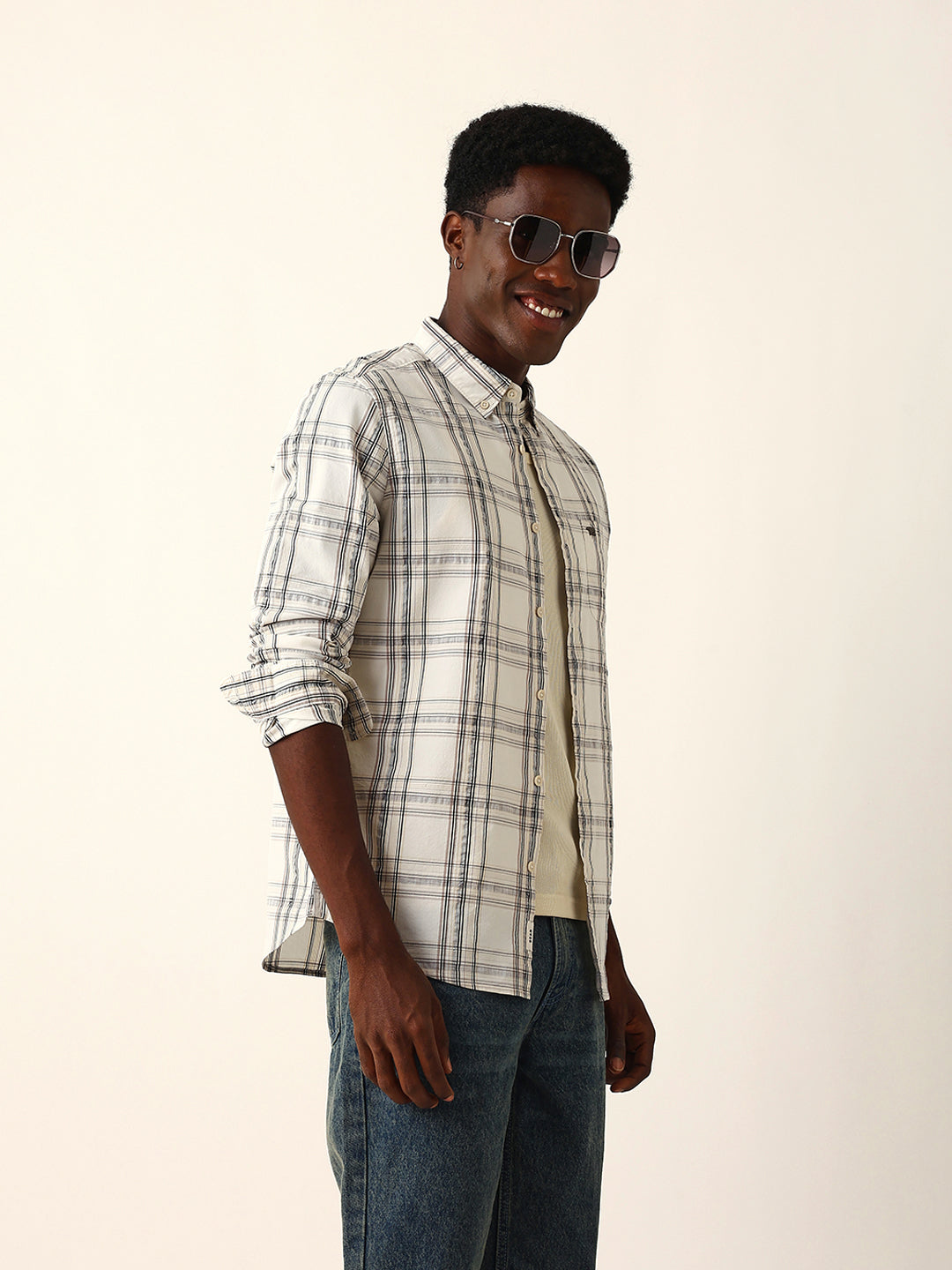 Men Cream Checked Shirt